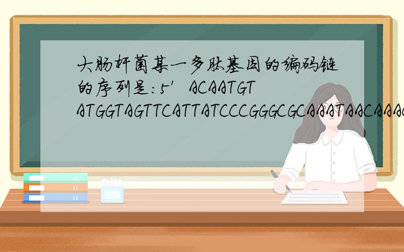 大肠杆菌某一多肽基因的编码链的序列是：5′ACAATGTATGGTAGTTCATTATCCCGGGCGCAAATAACAAACCCGGGTTTC3′⑴写出该基因的无意义链的序列以及它编码的mRNA的序列.⑵预测它能编码多少个氨基酸.